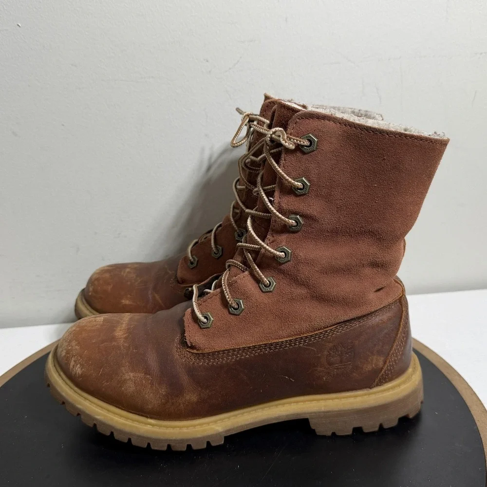 Timberland Boots Men Size 5 Brown Leather Shearling Lined Fold‎ Down Grunge